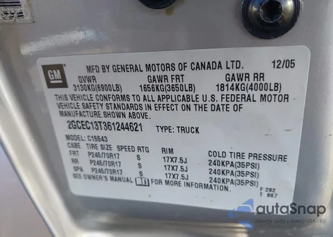 2006 Chevrolet Silverado 1500 Lt1 z USA, uszkodzony, nr VIN 2GCEC13T361244621